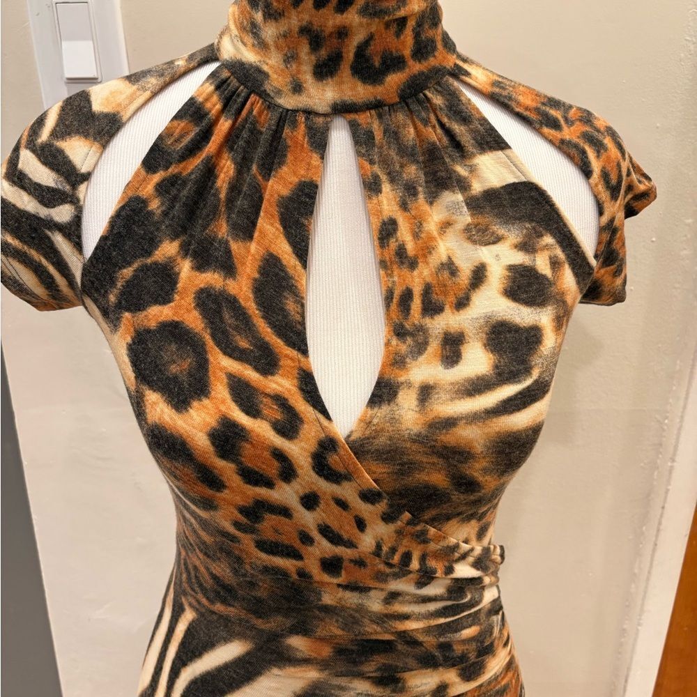 Cache Brown and Black Bodycon Dress Mock Neck